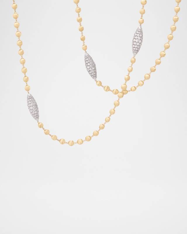18K Yellow Gold Long Bead Necklace with Diamond Elements